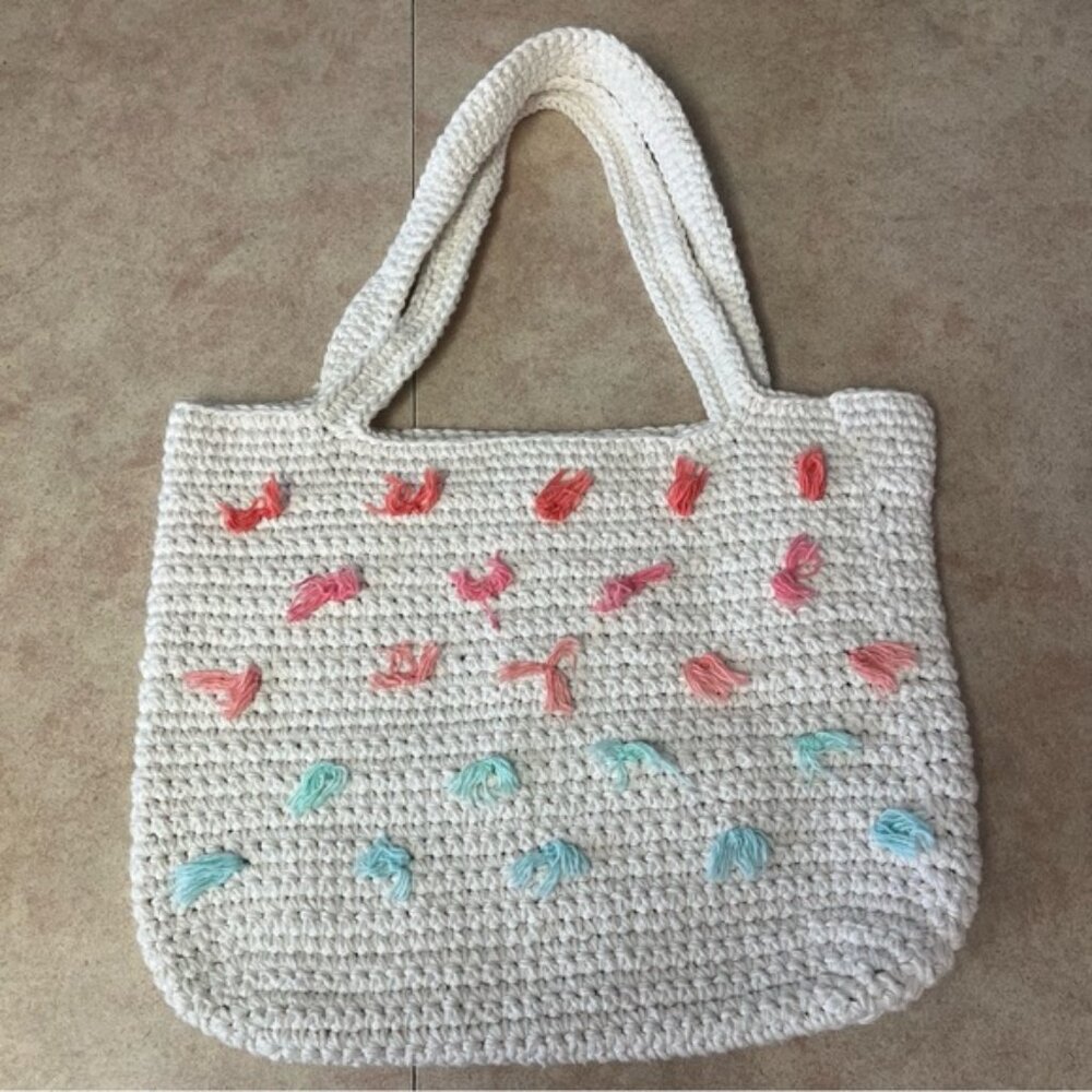 New Handcrafted Crochet Ivory Tote Bag With Assorted Colored Tufts